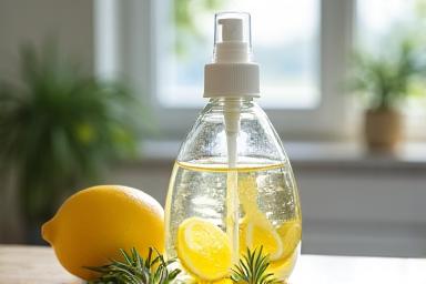Botella de spray de vidrio con una etiqueta 'Limpiador Multiusos Casero' y rodajas de limón junto a ramas de romero.