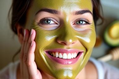 Mujer sonriente aplicando una mascarilla facial casera con aguacate y miel, en un ambiente relajado.