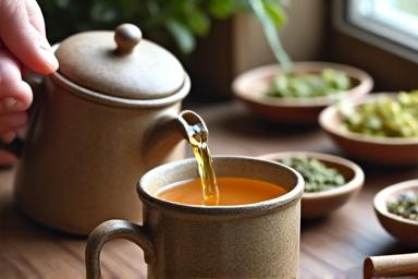 Manos sirviendo té de hierbas frescas en una taza rústica, con hierbas secas y flores en el fondo.