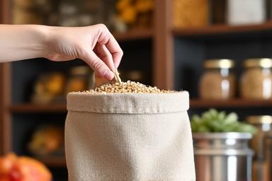 Persona seleccionando un artículo en una tienda de productos a granel, utilizando bolsas de tela reutilizables.