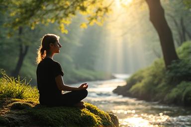 Persona meditando pacíficamente en un prado verde cerca de un río, con el sol de la mañana iluminando la escena.