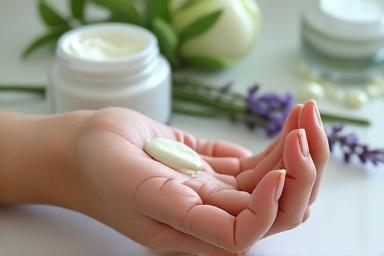 Manos aplicando suavemente una crema natural sobre la piel, con ingredientes botánicos como lavanda y aloe vera al fondo.