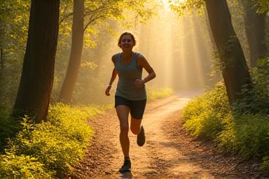 Persona corriendo alegremente por un sendero sombreado en un bosque, rodeada de árboles y luz solar filtrada.