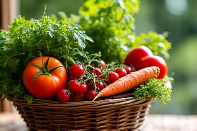 Cesta de verduras y frutas frescas y locales de temporada, vibrantes y recién recolectadas.