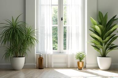 Interior de un hogar luminoso y limpio con plantas de interior y estanterías con productos de limpieza ecológicos en envases de vidrio.