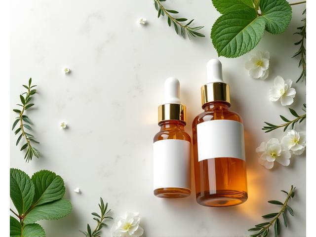Frasco de crema facial orgánica envasada en vidrio ámbar con hojas verdes frescas alrededor.