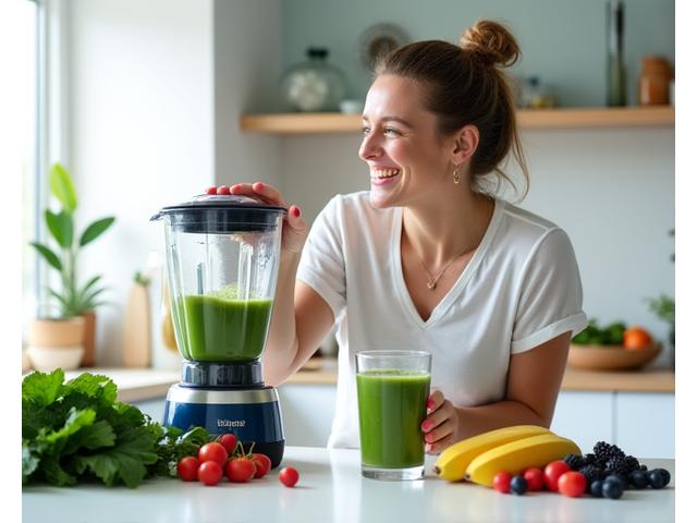 Mujer sonriendo mientras prepara un batido verde, simbolizando nutrición saludable
