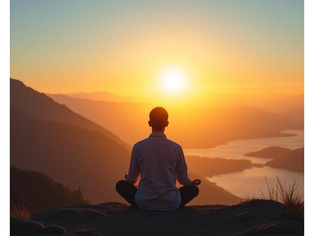 Hombre meditando en postura de loto al amanecer, con luz dorada y ambiente tranquilo