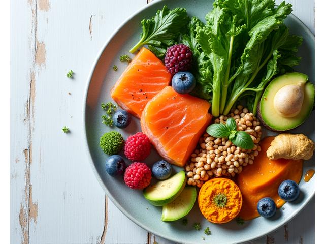 Plato colorido y abundante con verduras frescas, legumbres y proteínas, dispuesto artísticamente
