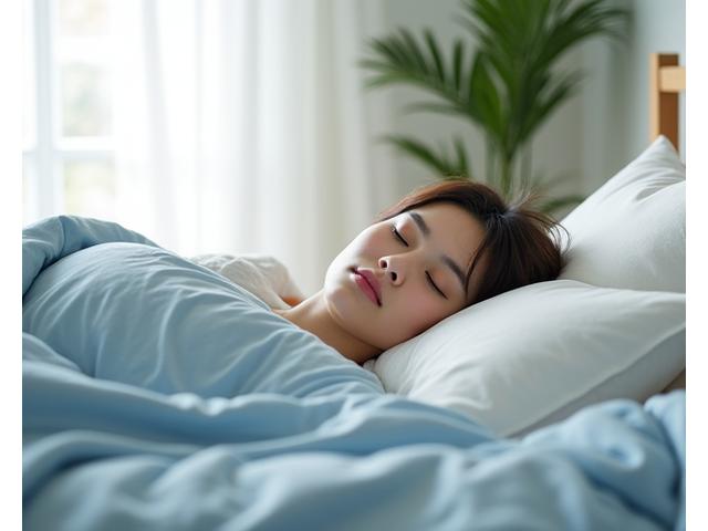 Persona durmiendo plácidamente en una cama limpia, con sábanas blancas y una luz suave en la habitación
