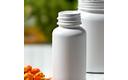 Primer plano de un frasco de suplementos con etiquetas claras y un fondo borroso de ingredientes naturales