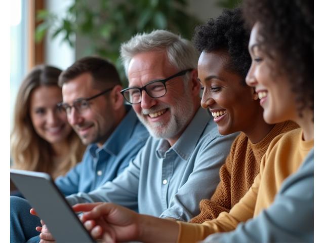Personas diversas interactuando amigablemente en un foro online de bienestar, riendo y compartiendo experiencias.