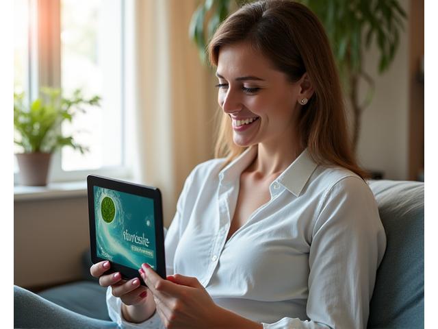 Mujer sonriente leyendo una guía de AlmaVibra en una tablet, con fondo neutro y elementos de wellness.