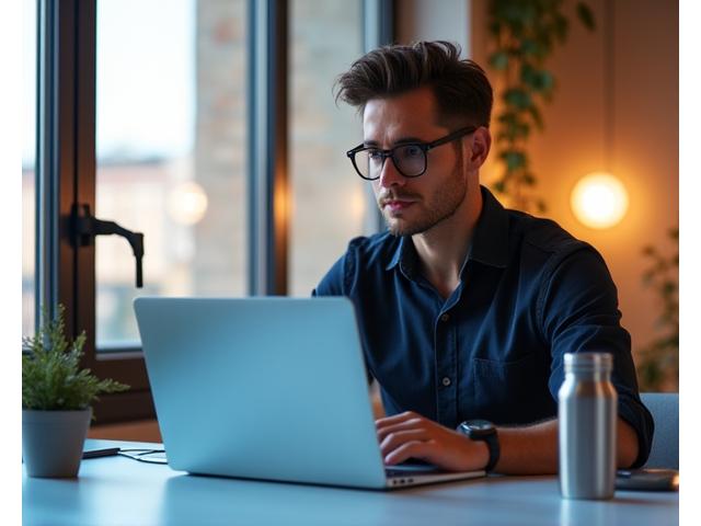 Emprendedor creativo con portátil en espacio de coworking en Barcelona, enfocado en sostenibilidad mental