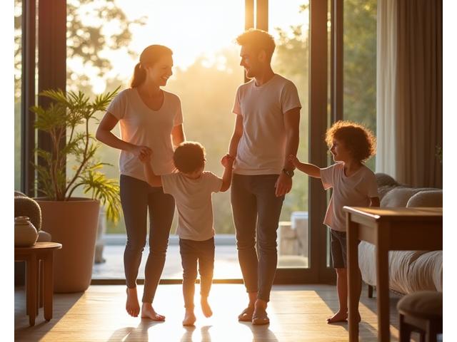 Padres sonrientes jugando con sus hijos, equilibrando vida familiar y salud personal
