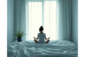 Persona meditando en un entorno sereno con dispositivos de sonido o aromaterapia
