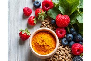 Variedad de alimentos saludables como frutas, verduras y superfoods