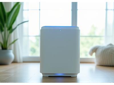 Purificador de aire moderno en un entorno interior limpio y luminoso