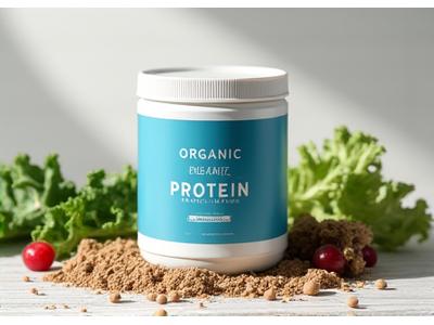 Envase de proteína vegetal en polvo con ingredientes naturales alrededor
