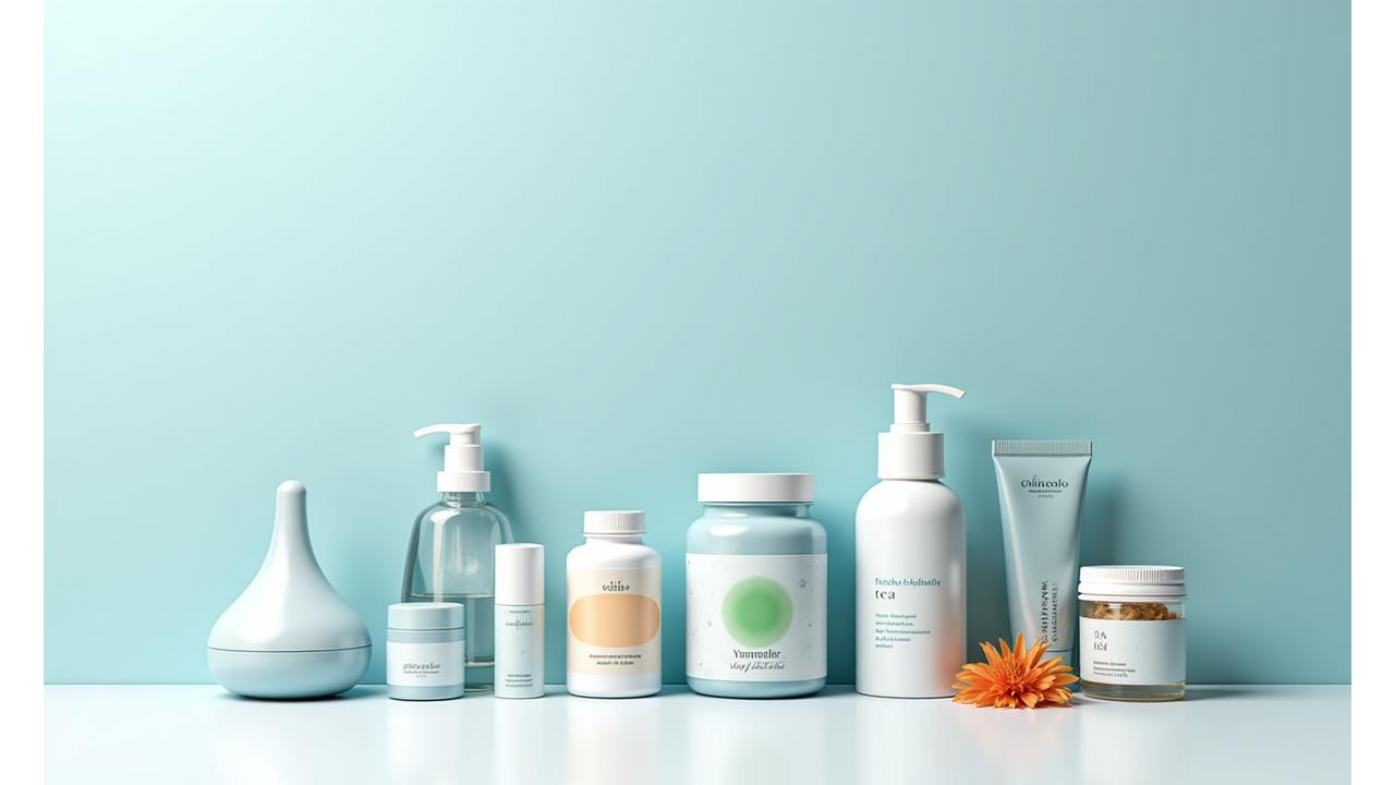 Colección curada de productos wellness de alta calidad sobre una superficie limpia con iluminación suave