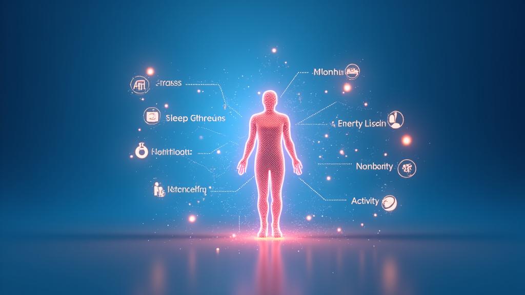 Infografía interactiva que ilustra el algoritmo de personalización de AlmaVibra, mostrando variables como edad, género, estrés, sueño, nutrición y actividad.
