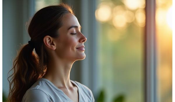 Mujer sonriente practicando respiración profunda, con fondo suave y relajante