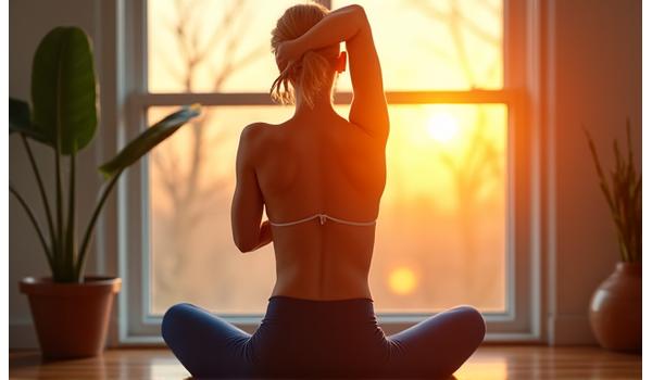 Persona estirándose al amanecer, con luz dorada y sensación de energía